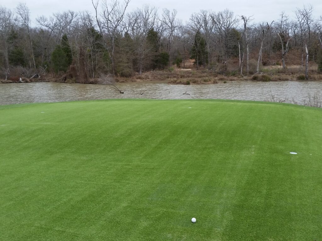 Completed backyard golf green next to pond