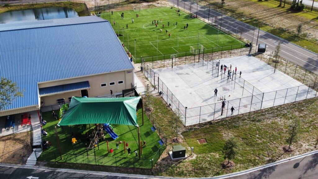 drone view of playground and soccer field artificial turf jacksonville